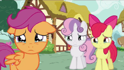Size: 848x480 | Tagged: safe, screencap, apple bloom, scootaloo, sweetie belle, earth pony, pony, g4, the fault in our cutie marks, crying, cutie mark crusaders, floppy ears, frown, gif, non-animated gif, reaction image, sad