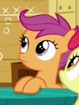 Size: 116x153 | Tagged: safe, screencap, apple bloom, gabby, scootaloo, earth pony, griffon, pegasus, pony, g4, the fault in our cutie marks, animated, aside glance, breaking the fourth wall, female, gif, gif for breezies, looking at you, picture for breezies, reaction image, solo focus