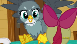 Size: 848x480 | Tagged: safe, screencap, apple bloom, gabby, griffon, g4, the fault in our cutie marks, gif, non-animated gif, smiling