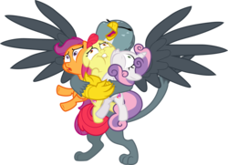Size: 4154x3000 | Tagged: safe, artist:jeatz-axl, apple bloom, gabby, scootaloo, sweetie belle, griffon, g4, the fault in our cutie marks, .svg available, bear hug, cutie mark crusaders, eyes closed, high res, hug, open mouth, simple background, the cmc's cutie marks, this will end in tears and/or death, tight, transparent background, vector