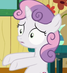 Size: 437x475 | Tagged: safe, screencap, sweetie belle, pony, unicorn, g4, the fault in our cutie marks, confused, cropped, female, filly, gif, non-animated gif, reaction image, sitting, solo