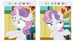 Size: 640x346 | Tagged: safe, edit, edited screencap, screencap, sweetie belle, pony, unicorn, derpibooru, g4, the fault in our cutie marks, confused, consider the following, cropped, dab, female, filly, juxtaposition, meta, reaction image, sitting, solo, to the window to the wall