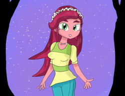 Size: 4244x3274 | Tagged: safe, artist:mildockart, gloriosa daisy, equestria girls, g4, my little pony equestria girls: legend of everfree, clothes, female, flower, flower in hair, freckles, geode of fauna, geode of shielding, geode of sugar bombs, geode of super speed, geode of super strength, high res, looking at you, magical geodes, shorts, solo