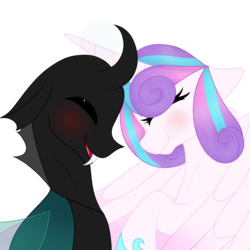 Size: 3150x3150 | Tagged: safe, artist:mlpchannelire02, princess flurry heart, thorax, changeling, g4, my little pony: friendship is magic, the times they are a changeling, blushing, eyes closed, floppy ears, happy, high res, male, older, scrunchy face, ship:flurrax, shipping, smiling, straight