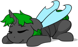 Size: 1280x769 | Tagged: safe, artist:furrgroup, oc, oc only, oc:bucketling, changeling, cute, female, green changeling, holeless, lying down, prone, simple background, sleeping, solo, white background