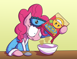 Size: 1920x1484 | Tagged: safe, artist:zanefir-dran, pinkie pie, g4, bathrobe, bowl, cereal, clothes, empty, female, food, robe, shrunken pupils, sleep mask, solo, spoon, this will not end well, uh oh