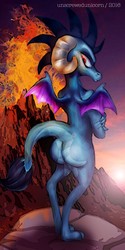 Size: 640x1280 | Tagged: safe, artist:thegoodowl, princess ember, dragon, g4, ass, butt, female, fire, lava, looking back, pinup, princess embutt, solo, spread wings, volcano