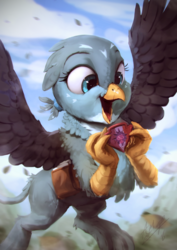 Size: 850x1200 | Tagged: safe, artist:assasinmonkey, gabby, griffon, g4, the fault in our cutie marks, badge, bag, cute, female, gabbybetes, happy, open mouth, signature, smiling, solo, wings