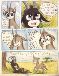 Size: 1048x1352 | Tagged: safe, artist:thefriendlyelephant, oc, oc only, oc:sabe, oc:uganda, antelope, giant sable antelope, comic:sable story, acacia tree, africa, animal in mlp form, annoyed, barely pony related, cloud, comic, horns, realization, savanna, speech bubble, startled, tree, yelling