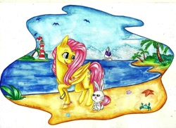 Size: 1733x1260 | Tagged: safe, artist:twixyamber, angel bunny, fluttershy, g4, beach, lighthouse, traditional art