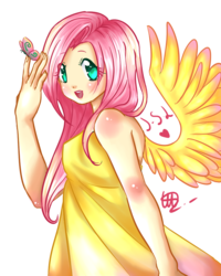 Size: 800x1000 | Tagged: safe, artist:solanapple, fluttershy, butterfly, human, g4, clothes, humanized, open mouth, simple background, transparent background, winged humanization