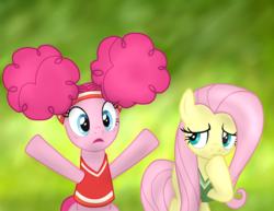 Size: 6600x5100 | Tagged: safe, artist:everesco, fluttershy, pinkie pie, buckball season, g4, absurd resolution, bottomless, clothes, duo, partial nudity, pinktails pie