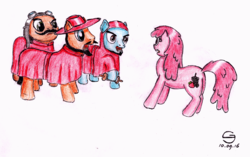 Size: 2332x1460 | Tagged: safe, artist:s-guide, berry punch, berryshine, earth pony, pony, g4, monty python, ponified, spanish inquisition, traditional art
