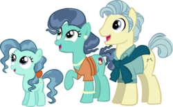 Size: 14166x8784 | Tagged: safe, artist:cyanlightning, mr. paleo, mrs. paleo, petunia paleo, earth pony, pony, g4, the fault in our cutie marks, .svg available, absurd resolution, clothes, ear piercing, earring, female, filly, jewelry, male, mare, necklace, open mouth, piercing, raised hoof, simple background, stallion, transparent background, vector
