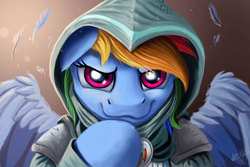 Size: 1400x933 | Tagged: safe, artist:vittorionobile, rainbow dash, dungeons and discords, g4, :3c, feather, female, rainbow rogue, rogue, solo