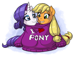 Size: 1650x1275 | Tagged: safe, artist:latecustomer, applejack, rarity, earth pony, pony, unicorn, g4, clothes, cute, female, freckles, get along shirt, jackabetes, lesbian, looking at each other, mare, oversized clothes, raribetes, ship:rarijack, shipping, smiling, sweater