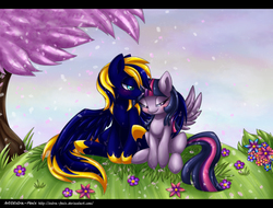 Size: 1970x1497 | Tagged: safe, artist:extra-fenix, twilight sparkle, oc, oc:zephyr, alicorn, pony, g4, canon x oc, duo, female, flower, letterboxing, male, shipping, sitting, straight, twilight sparkle (alicorn), twiphyr