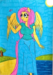 Size: 2248x3169 | Tagged: safe, artist:killerteddybear94, fluttershy, butterfly, anthro, g4, breasts, busty fluttershy, clothes, female, high res, lake, long skirt, skirt, smiling, solo, sun, t-shirt, traditional art, water, wings