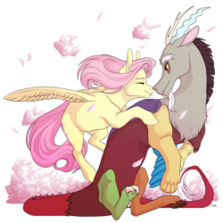 Size: 1500x1500 | Tagged: safe, artist:celeriven, discord, fluttershy, g4, boop, duo, eyes closed, female, flower, male, noseboop, nuzzling, petals, ship:discoshy, shipping, simple background, smiling, spread wings, straight, transparent background, wings