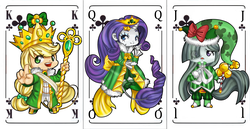 Size: 3071x1585 | Tagged: safe, artist:dedonnerwolke, applejack, marble pie, rarity, human, equestria girls, g4, card, clothes, female, horn, horned humanization, humanized, jack, king, playing card, queen