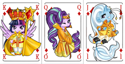 Size: 3071x1585 | Tagged: safe, artist:dedonnerwolke, starlight glimmer, trixie, twilight sparkle, alicorn, anthro, g4, card, clothes, jack, king, playing card, queen, twilight sparkle (alicorn)