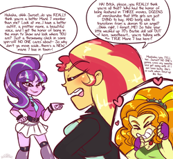 Size: 1326x1220 | Tagged: safe, artist:princesscallyie, adagio dazzle, starlight glimmer, sunset shimmer, equestria girls, g4, equestria girls-ified, implied sunsagio, implied voice actor joke, rivalry, sunset vs starlight debate, tsundere, tsunset shimmer
