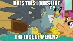 Size: 886x500 | Tagged: safe, edit, edited screencap, screencap, gabby, scootaloo, griffon, g4, the fault in our cutie marks, face of mercy, grammar error, image macro, meme