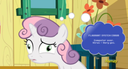 Size: 1361x740 | Tagged: safe, edit, edited screencap, screencap, sweetie belle, g4, the fault in our cutie marks, derp, discovery family logo, error message, faic, homestar runner, thought bubble