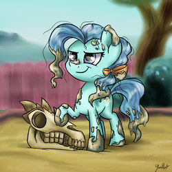 Size: 3024x3024 | Tagged: safe, artist:gaelledragons, petunia paleo, earth pony, pony, g4, the fault in our cutie marks, bone, dirty, female, filly, fossil, high res, messy mane, outdoors, sand, sandbox, signature, skull, smiling, smirk, solo, spiny back ponysaurus