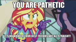 Size: 1280x720 | Tagged: safe, edit, edited screencap, screencap, sci-twi, sunset shimmer, twilight sparkle, equestria girls, g4, my little pony equestria girls: friendship games, caption, image macro, meme, sunset yells at twilight