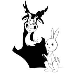 Size: 1200x1200 | Tagged: safe, artist:cold-blooded-twilight, angel bunny, discord, g4, aku, explicit source, monochrome, parody, samurai jack