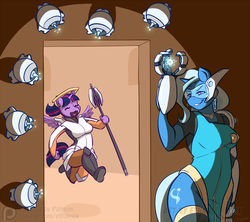 Size: 950x842 | Tagged: safe, artist:ethanqix, trixie, twilight sparkle, alicorn, anthro, g4, ambush, clothes, crossover, duo, eyes closed, halo, lightly watermarked, mercy, open mouth, overwatch, symmetra, this will end in death, this will end in tears and/or death, tongue out, turret, twilight sparkle (alicorn), twilight vs trixie, unexpected, watermark, weapon