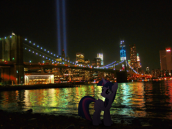 Size: 2736x2052 | Tagged: safe, artist:harvydraws, twilight sparkle, alicorn, pony, g4, 9/11, bridge, building, female, high res, irl, light beams, manehattan, manhattan, mare, memorial, memories, never forget, new york city, photo, ponies in real life, remember, remembrance, respect, solo, spread wings, tragedy, twilight sparkle (alicorn), twin towers, vector, wings, world trade center
