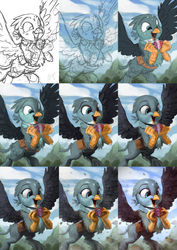 Size: 2040x2880 | Tagged: safe, artist:assasinmonkey, gabby, griffon, g4, the fault in our cutie marks, badge, bag, cute, female, gabbybetes, happy, high res, open mouth, progress, signature, sketch, smiling, solo, wings, wip