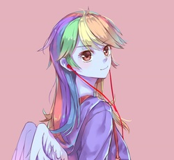 Size: 720x662 | Tagged: safe, artist:usami, rainbow dash, equestria girls, g4, clothes, cute, dashabetes, earbuds, female, hoodie, looking at you, looking back, looking back at you, pink background, pixiv, simple background, solo, wings