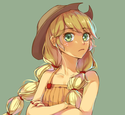Size: 720x664 | Tagged: safe, artist:usami, applejack, human, equestria girls, friendship through the ages, g4, alternate clothes, beautiful, country applejack, cowboy hat, cute, female, freckles, green background, hat, humanized, jackabetes, nail polish, simple background, sleeveless, solo