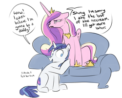 Size: 1944x1564 | Tagged: safe, artist:nobody, princess cadance, shining armor, alicorn, pony, unicorn, g4, abdominal bulge, belly, couch, crown, dialogue, food baby, hoof on belly, hoof shoes, implied stuffing, jewelry, not pregnant, peytral, princess shoes, regalia, round belly, sarcasm, simple background, sitting, stuffed, stuffed belly, teasing, white background