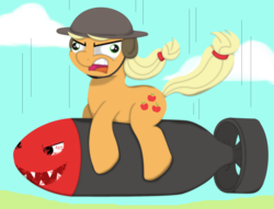 Size: 1280x976 | Tagged: safe, artist:ljdamz1119, applejack, g4, bomb, bombshell, derp, dr. strangelove, face, faic, female, helmet, riding a bomb, solo, this will end in death, this will end in explosions, weapon