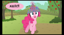 Size: 1250x693 | Tagged: safe, artist:psyxofthoros, edit, pinkie pie, earth pony, pony, g4, artificial horn, artificial unicorn, comic, cropped, female, magic, solo, the unic-o-tronic 1000!, xk-class end-of-the-world scenario