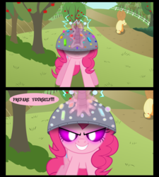 Size: 1250x1391 | Tagged: safe, artist:psyxofthoros, edit, applejack, pinkie pie, g4, artificial horn, artificial unicorn, comic, cropped, evil smile, glowing eyes, grin, magic, smiling, the unic-o-tronic 1000!, xk-class end-of-the-world scenario