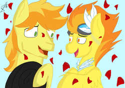 Size: 2338x1648 | Tagged: safe, artist:didicom, braeburn, spitfire, g4, hatless, male, missing accessory, petals, shipping, spitburn, straight