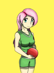 Size: 1000x1340 | Tagged: safe, artist:flam3zero, fluttershy, human, buckball season, g4, ball, buckball, clothes, cute, female, humanized, midriff, miniskirt, skirt, solo, tank top