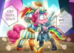 Size: 2000x1420 | Tagged: safe, artist:vavacung, discord, pinkie pie, rainbow dash, earth pony, pegasus, pony, dungeons and discords, g4, season 6, bard pie, blushing, bubble berry, dungeons and dragons, engrish, female to male, male, ogres and oubliettes, rainbow blitz, rainbow rogue, rule 63, stallion, transformation, transgender transformation