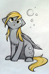 Size: 1024x1545 | Tagged: safe, artist:chimeeri, derpy hooves, pegasus, pony, g4, bubble, cute, derpabetes, female, floppy ears, mare, sitting, solo, traditional art