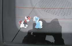 Size: 2560x1615 | Tagged: safe, trixie, oc, oc:blackjack, pony, unicorn, fallout equestria, g4, car, female, glass, hyundai, hyundai accent, irl, mare, merchandise, photo, russia, sticker