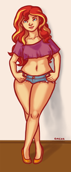 Size: 492x1200 | Tagged: safe, artist:mcponyponypony, sunset shimmer, human, equestria girls, g4, belly button, clothes, curvy, female, midriff, short shirt, solo, wide hips