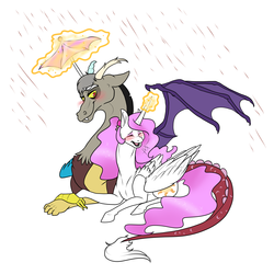 Size: 2000x2000 | Tagged: safe, artist:riotlizard, discord, princess celestia, g4, blushing, high res, magic, male, prone, rain, ship:dislestia, shipping, spread wings, straight, telekinesis, umbrella