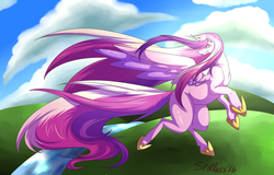 Size: 1024x655 | Tagged: safe, artist:spotlessenvy, princess cadance, g4, female, looking back, rearing, solo, windswept mane