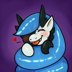 Size: 3500x3500 | Tagged: safe, artist:missvtheloser, oc, oc only, oc:tounicoon, changeling, hybrid, abstract background, blushing, changeling oc, coiling, consentacles, cuddling, cute, eyes closed, heart, high res, sharp teeth, snuggling, tentacles, tongue out