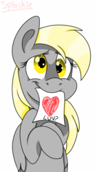 Size: 720x1280 | Tagged: safe, artist:splashiebro, derpy hooves, pegasus, pony, g4, cute, derpabetes, female, looking at you, mare, mouth hold, paper, simple background, solo